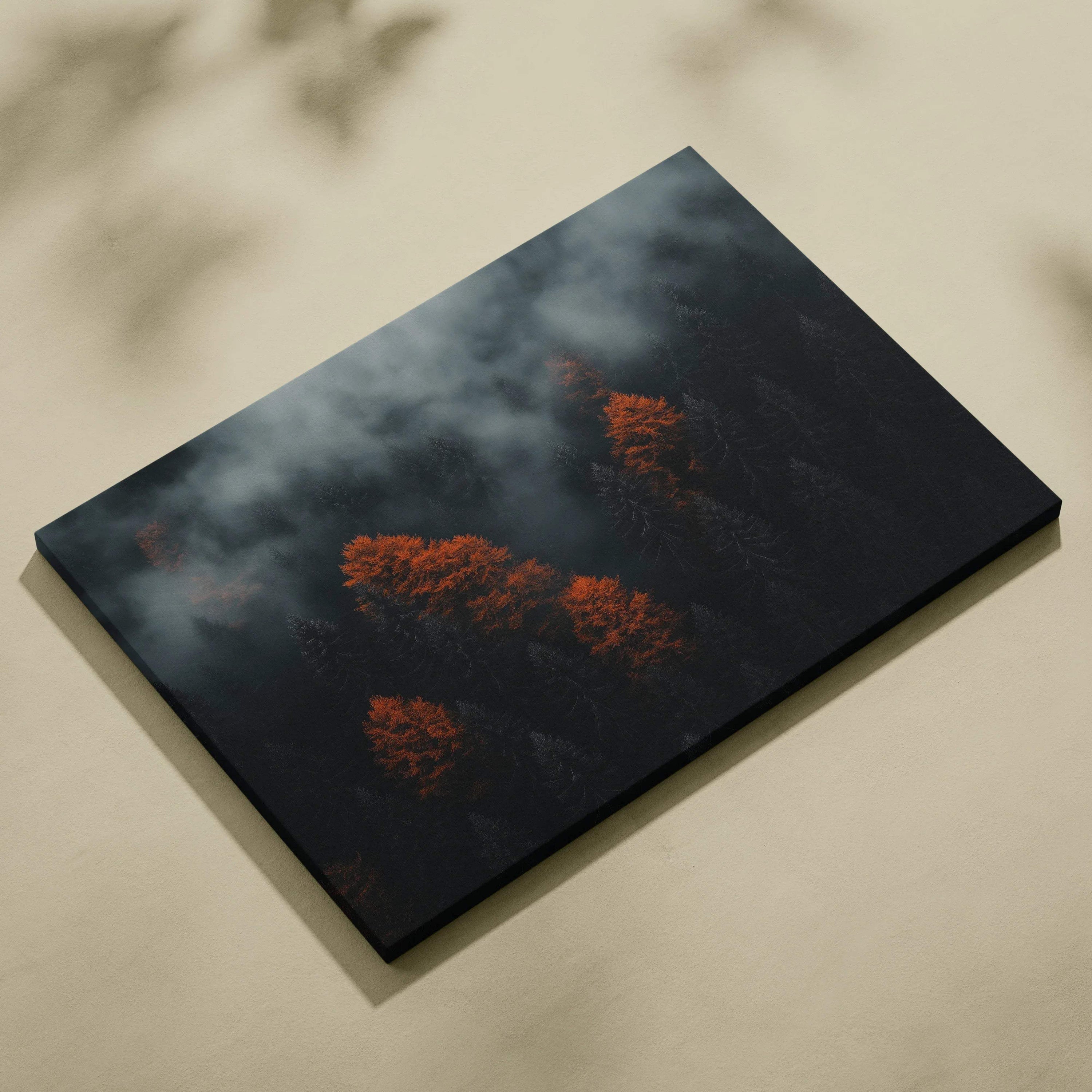 Minimalist autumn nature landscape canvas art with dark background and vibrant orange leaves wall art.