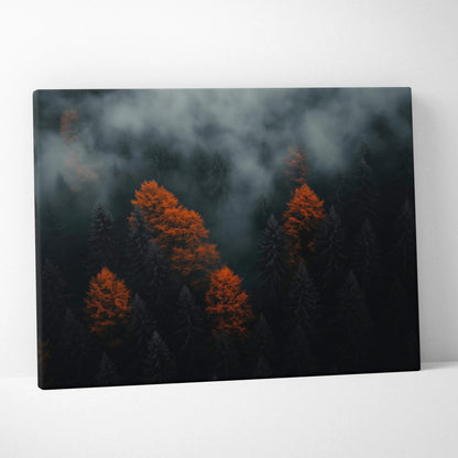 Minimalist canvas art of autumn trees with orange leaves and dark misty forest background wall art.