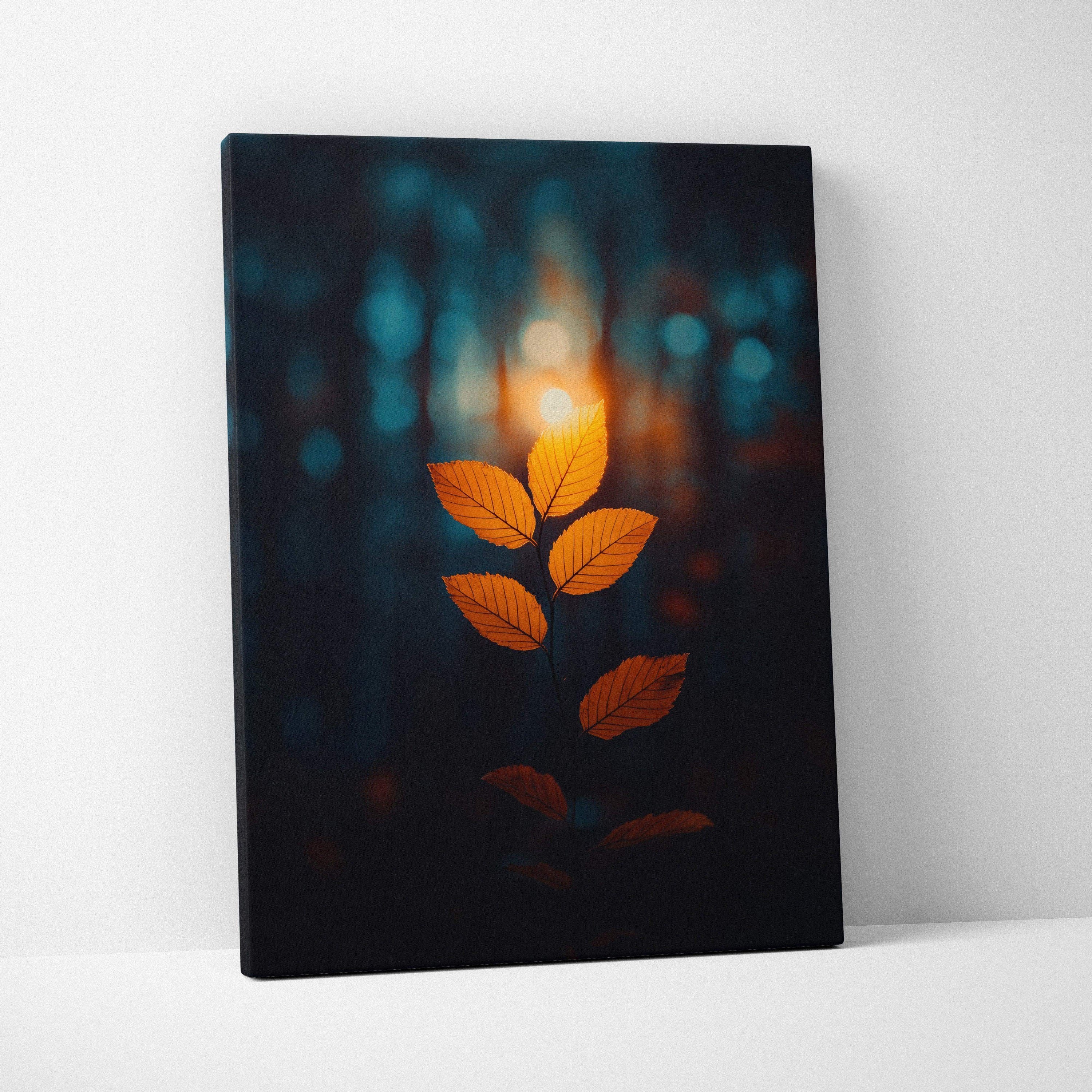 Minimalist autumn leaf branch glowing against dark blurred forest background canvas wall art.