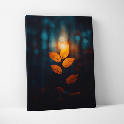 Minimalist autumn leaf branch glowing against dark blurred forest background canvas wall art.