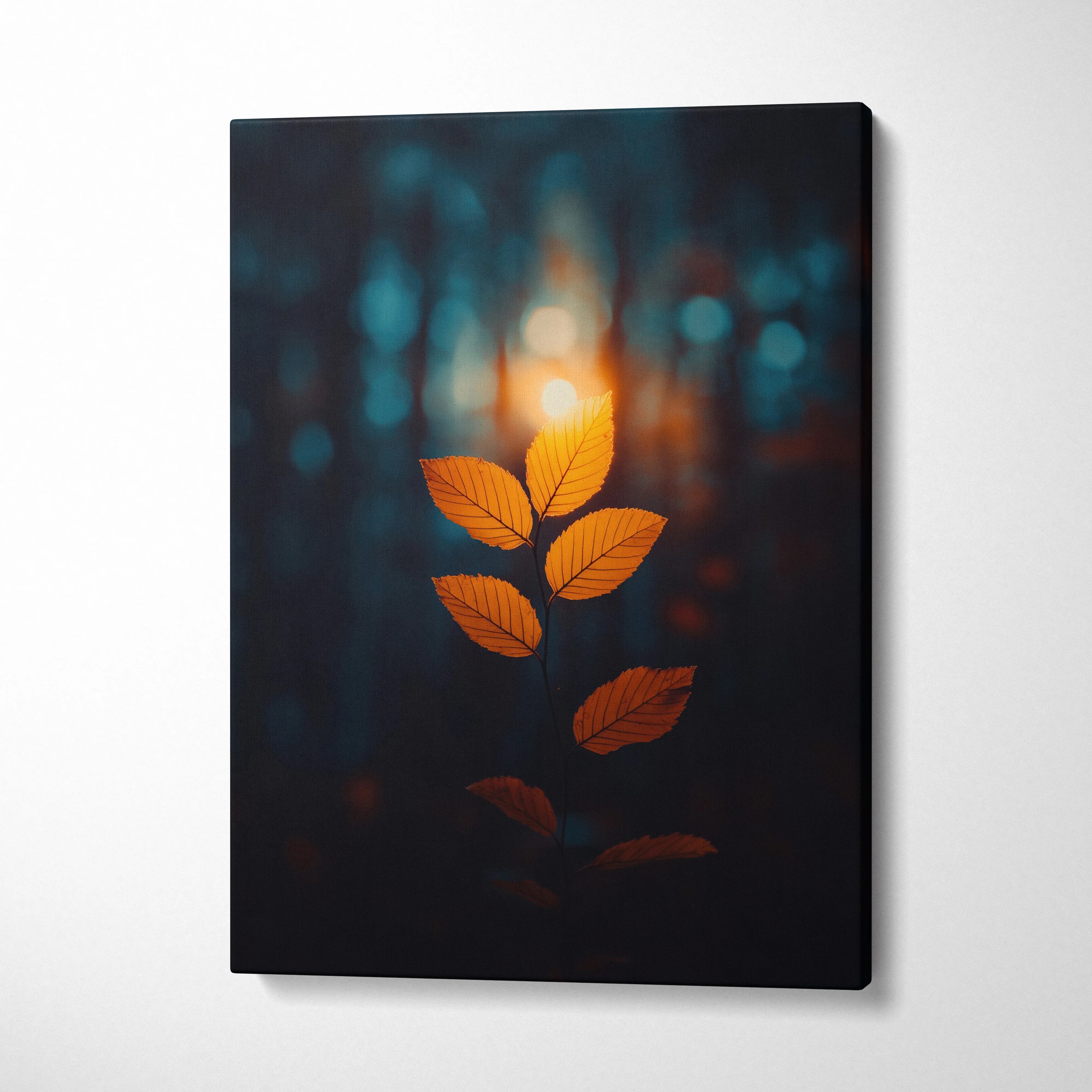 Minimalist autumn leaf design on dark background canvas wall art with glowing orange highlights.