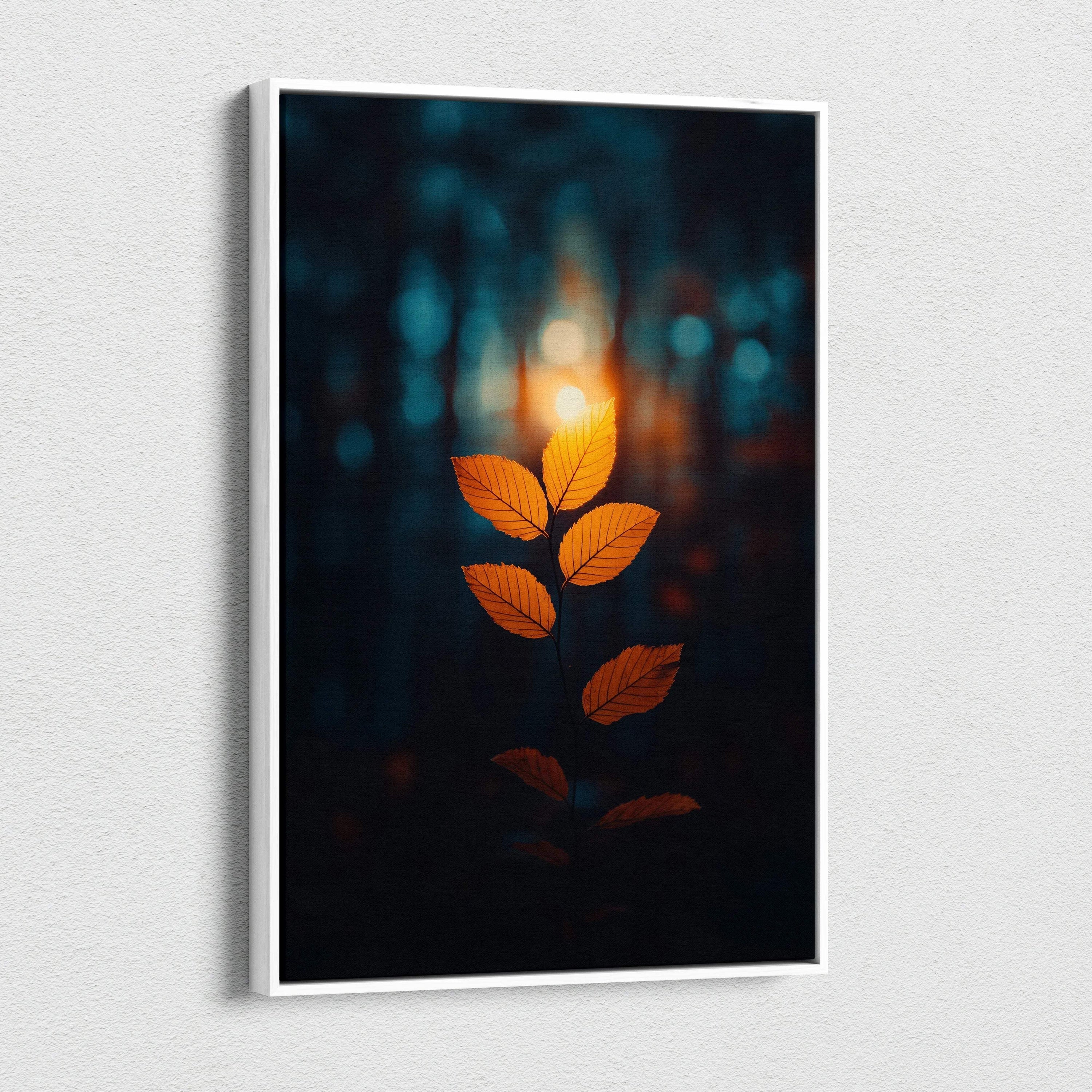 Minimalist autumn leaf design glowing against dark forest background on vertical canvas wall art.