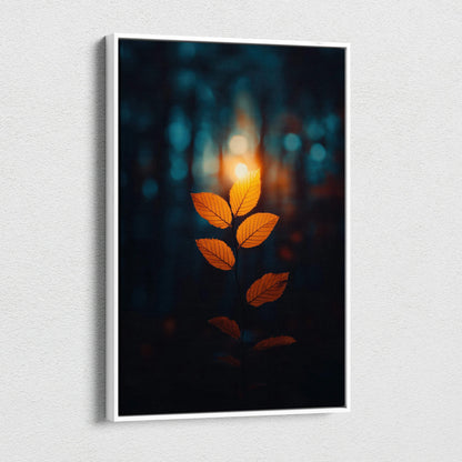 Minimalist autumn leaf design glowing against dark forest background on vertical canvas wall art.