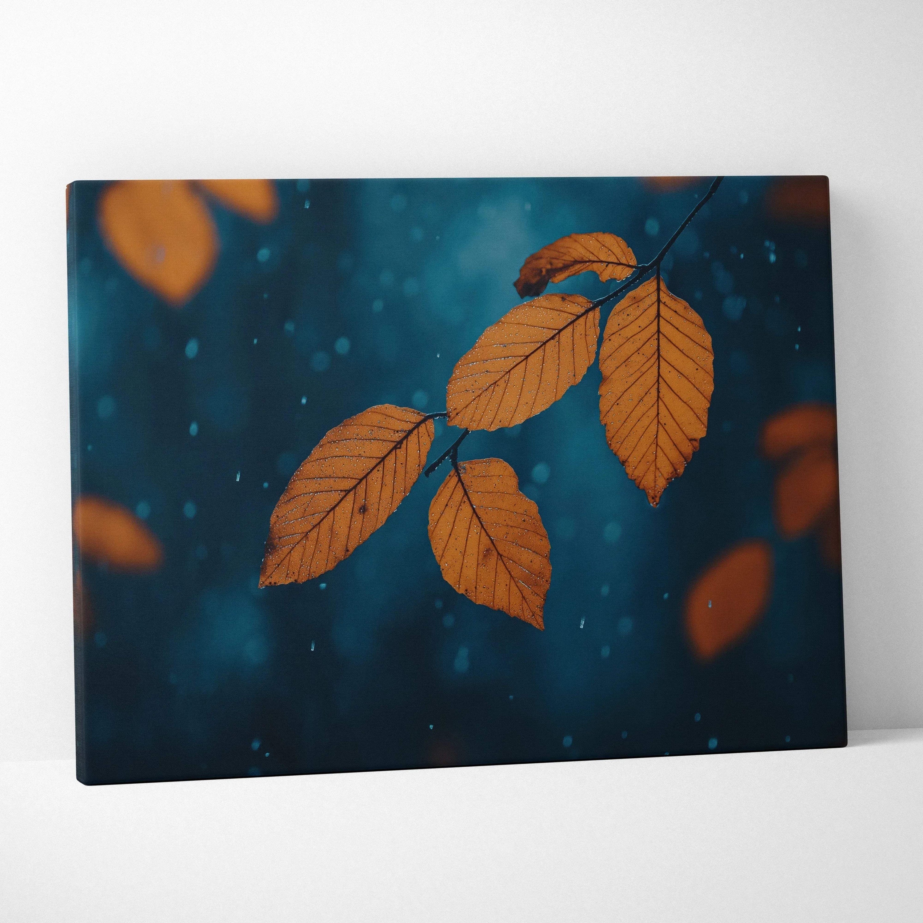 Autumn leaves with vibrant orange foliage on blue background minimalist nature canvas wall art.
