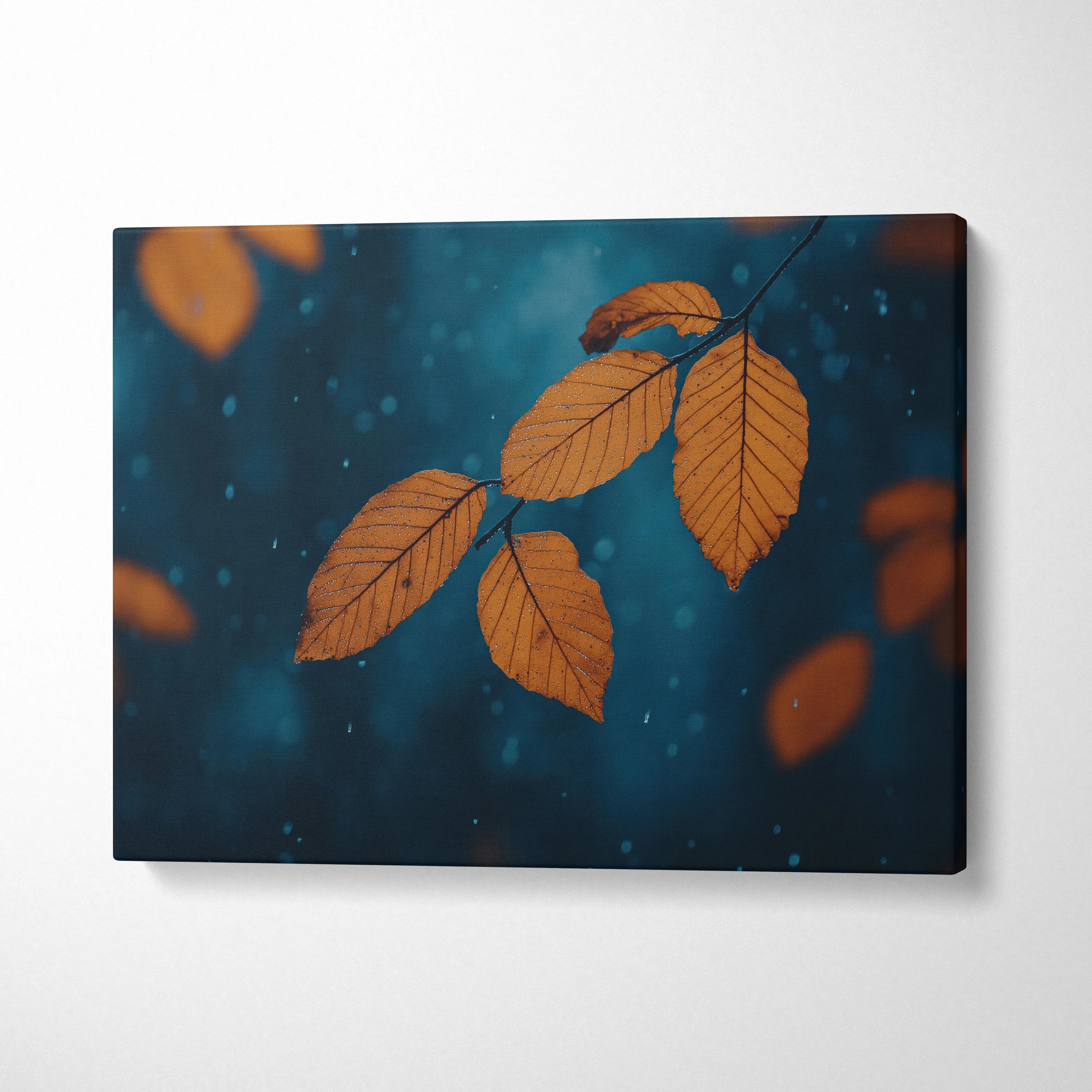 Minimalist canvas art of vibrant orange autumn leaves against a deep blue background wall art.