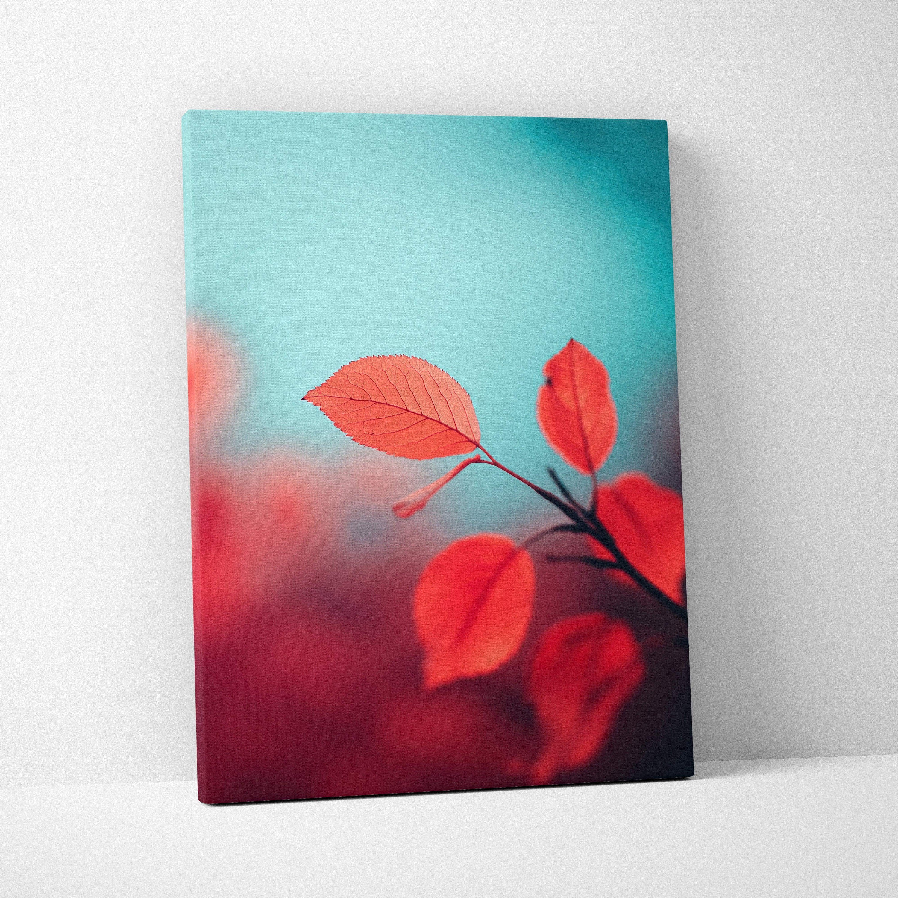 Minimalist autumn nature canvas wall art with vibrant red leaves against a soft turquoise background.