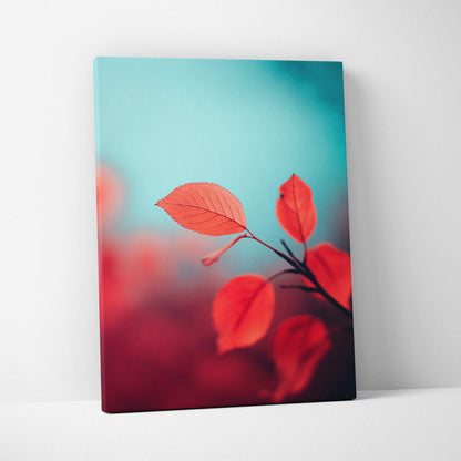 Minimalist autumn nature canvas wall art with vibrant red leaves against a soft turquoise background.