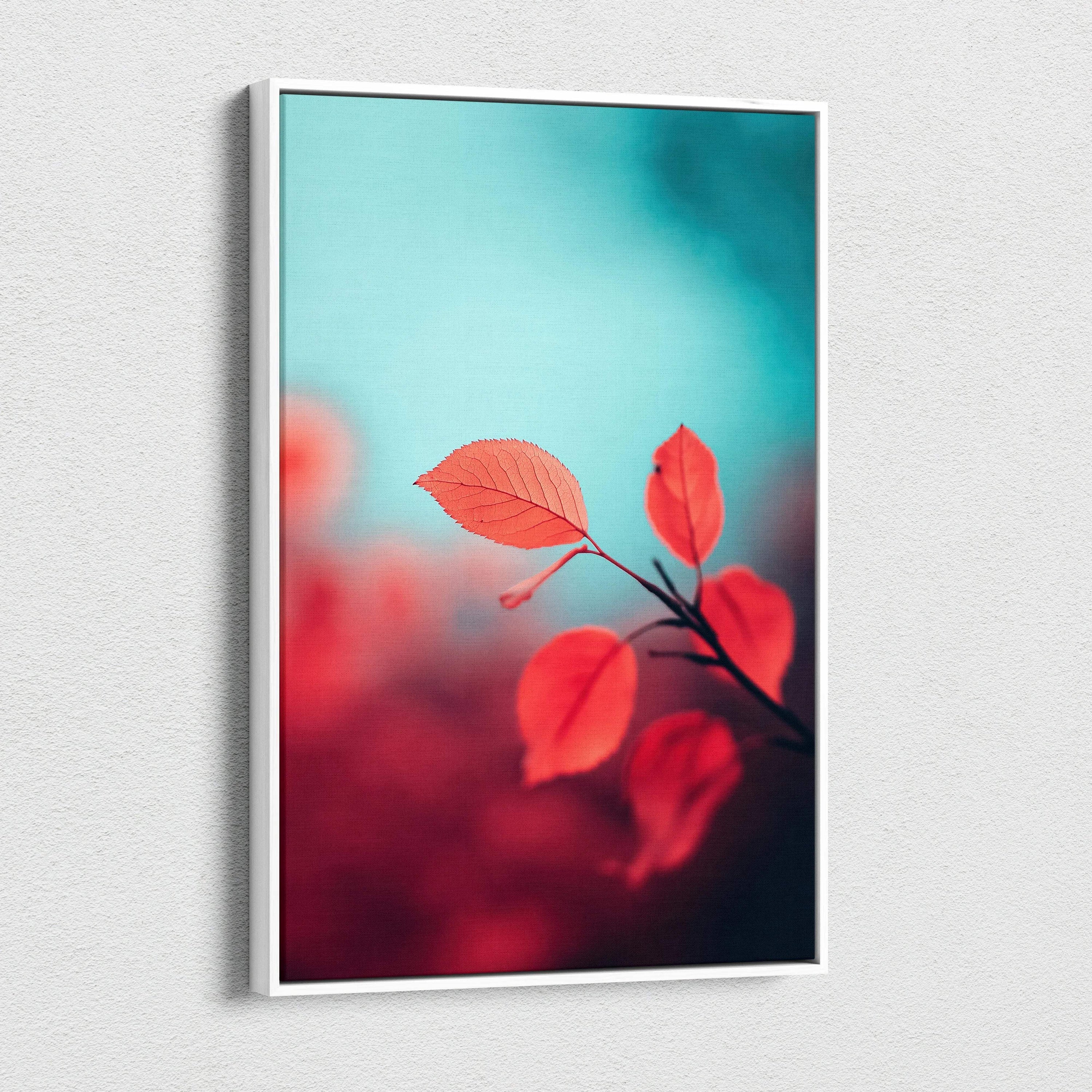 Minimalist autumn red leaves on branch against blue sky canvas wall art.