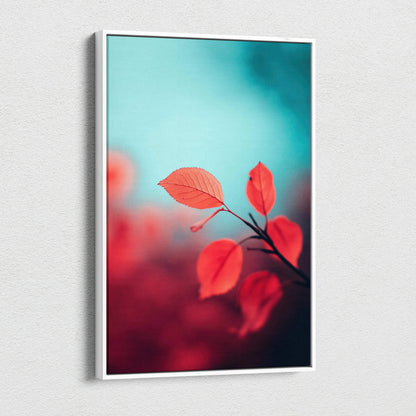 Minimalist autumn red leaves on branch against blue sky canvas wall art.