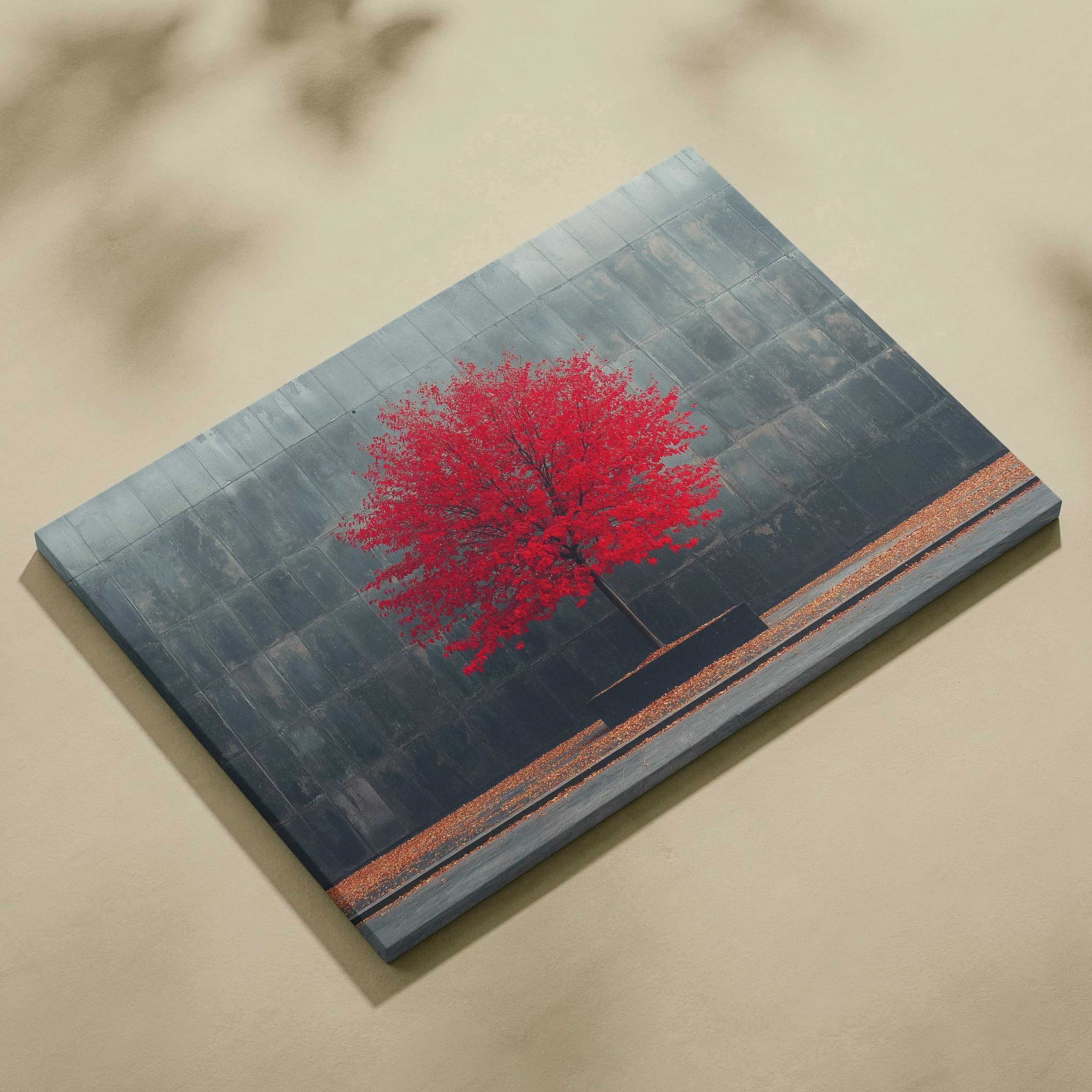 Minimalist canvas art featuring a vibrant red autumn tree against a muted gray-blue background, wall art with serene nature.