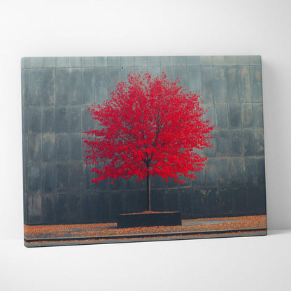 Minimalist canvas art featuring a vibrant red autumn tree against a dark textured wall, serene nature wall art.