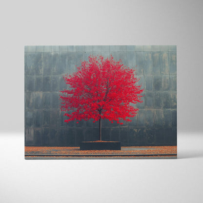 Minimalist canvas art featuring a vibrant red tree against a textured dark gray wall, autumn wall art.