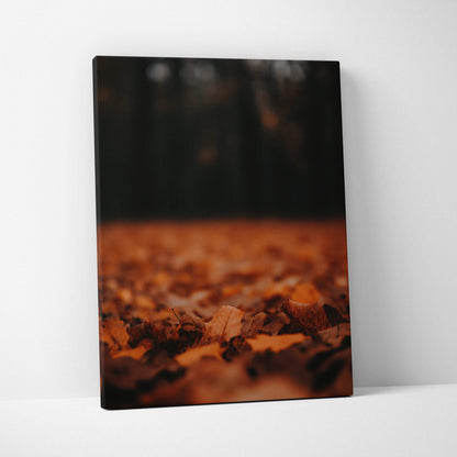 Autumn leaves close-up minimalist nature canvas wall art with warm brown tones.