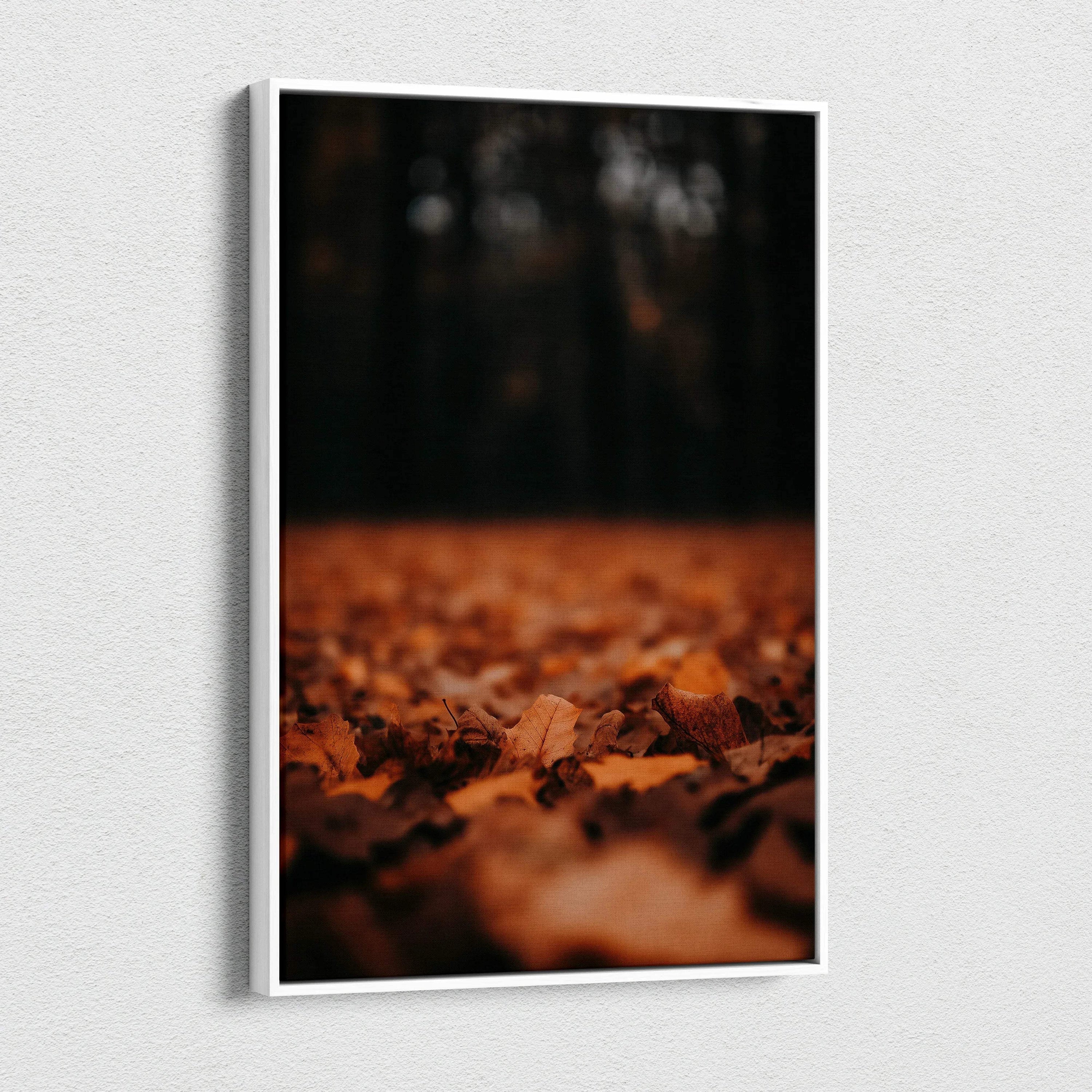 Autumn leaves close-up canvas art with blurred forest background, minimalist nature wall art.