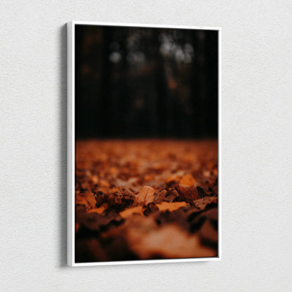Autumn leaves close-up canvas art with blurred forest background, minimalist nature wall art.