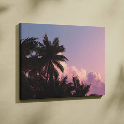 Canvas wall art featuring tropical palm trees silhouetted against a pink and purple sunset sky.