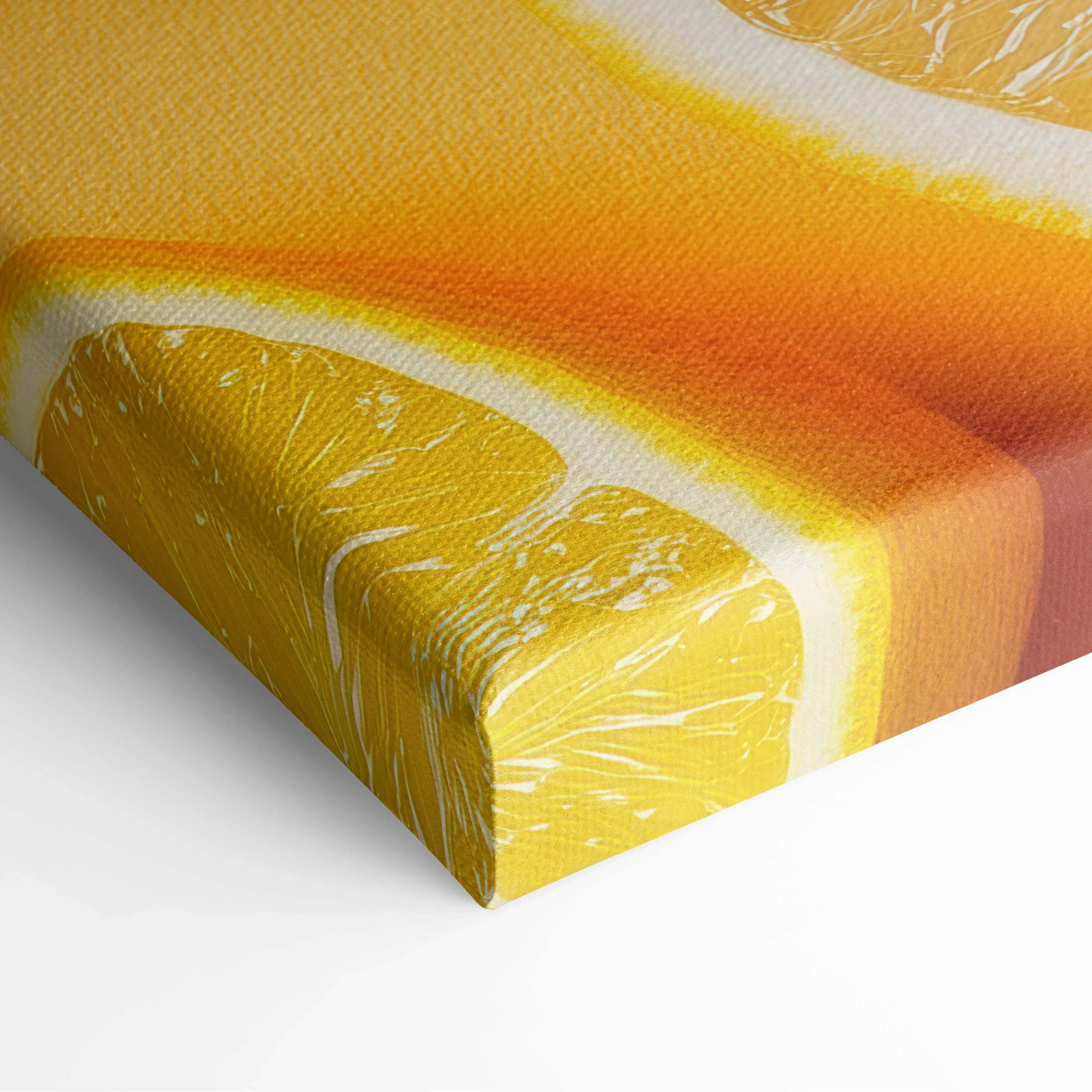 Canvas wall art featuring close-up citrus fruits with vibrant yellow lemons and orange tones on textured fabric.