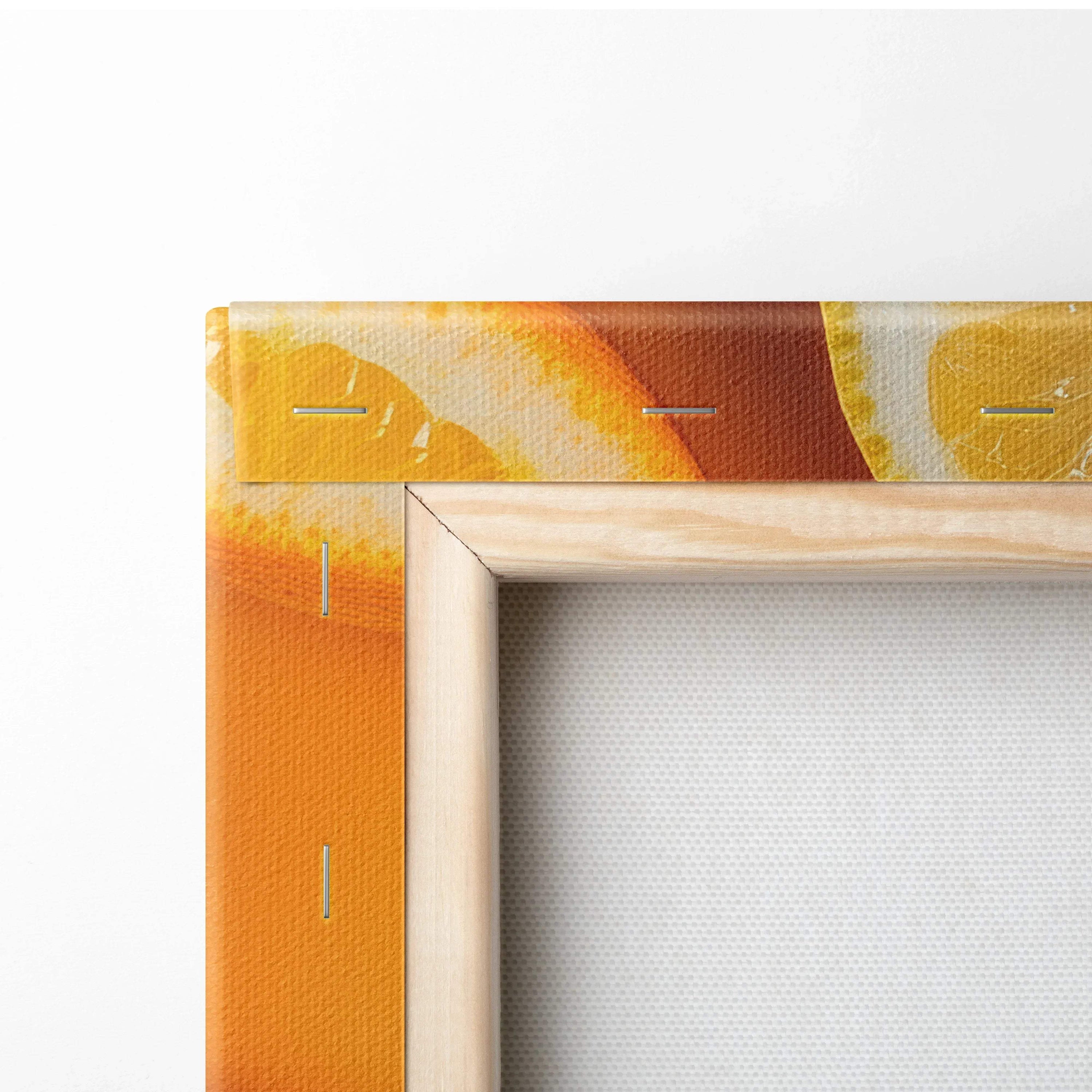 Close-up of wooden stretcher-framed canvas with vibrant lemon and orange citrus print edge.