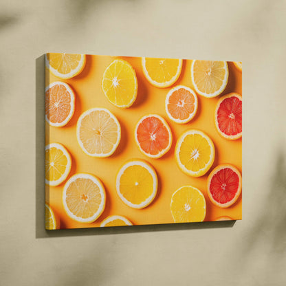 Canvas wall art featuring vibrant citrus fruits including lemons and oranges sliced against a bright yellow background.