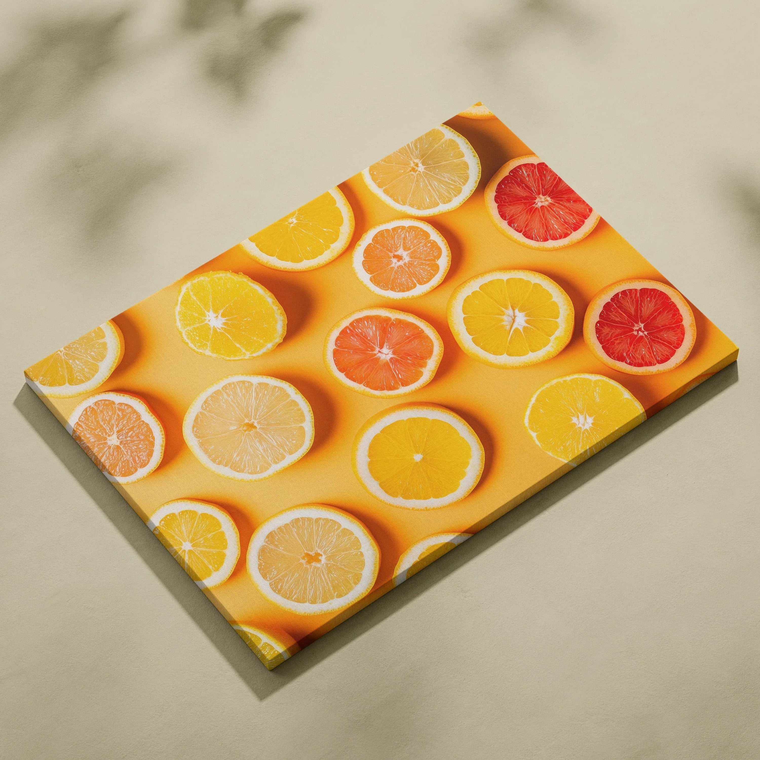 Canvas wall art print featuring vibrant lemon, orange, grapefruit, and lime slices on a bright yellow background.