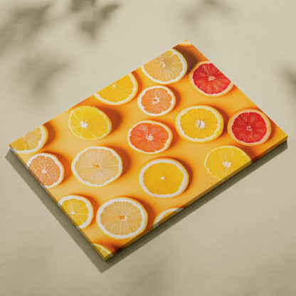 Canvas wall art print featuring vibrant lemon, orange, grapefruit, and lime slices on a bright yellow background.