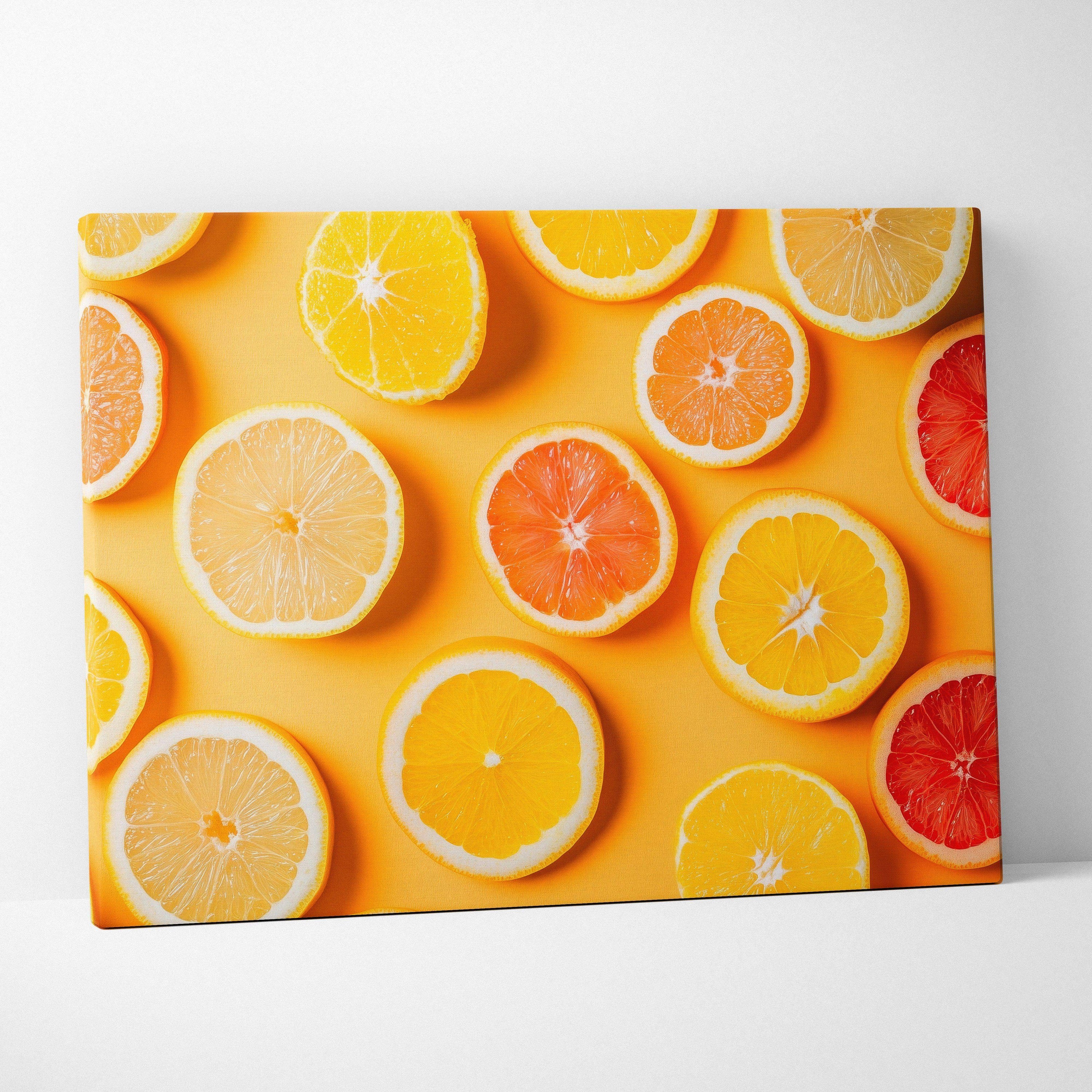 Canvas wall art featuring vibrant orange, yellow, and red citrus fruit slices on a bright yellow background.