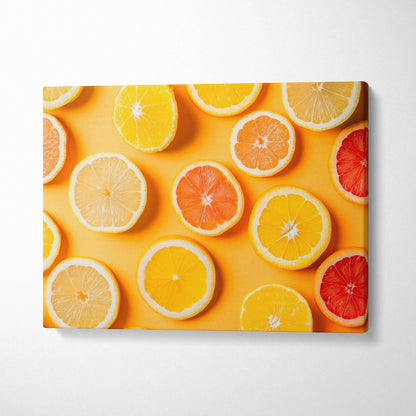 Vibrant citrus fruit slices canvas wall art print with lemons and oranges on bright yellow background decor.