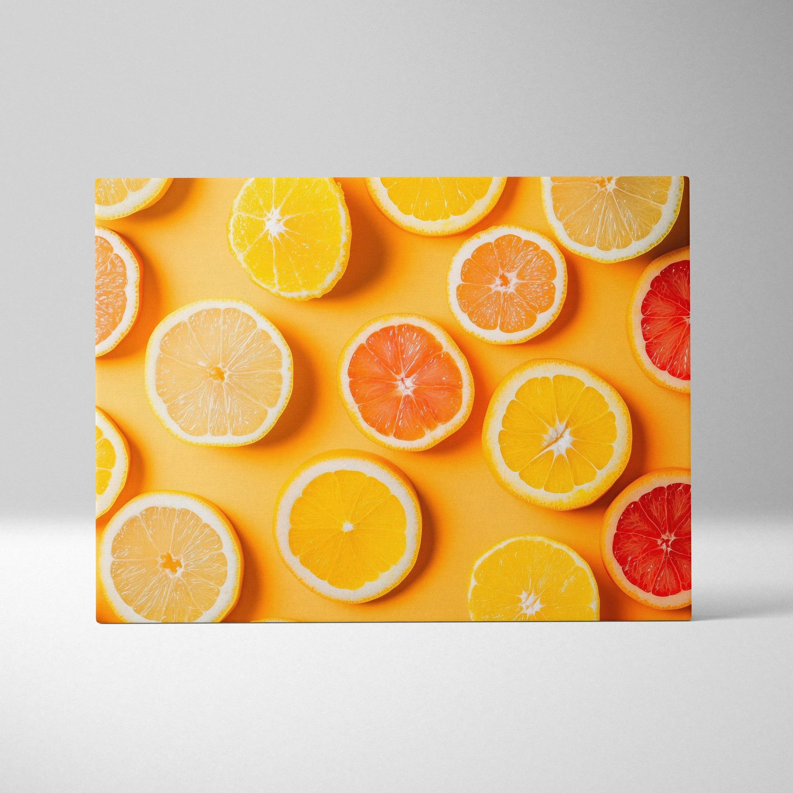 Canvas wall art featuring vibrant lemon and orange slices on bright yellow background decor.