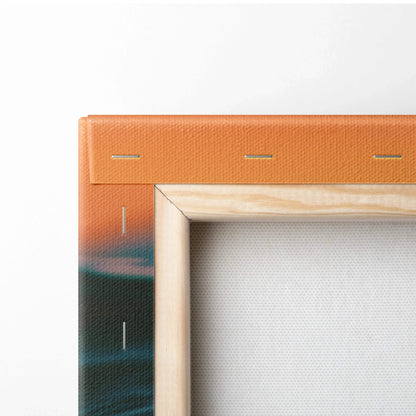 Close-up of wooden frame corner with orange canvas wrap and visible staples on wall art decor.