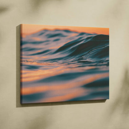 Canvas wall art featuring digital art of tropical ocean waves at golden hour sunset with warm orange and blue tones decor.