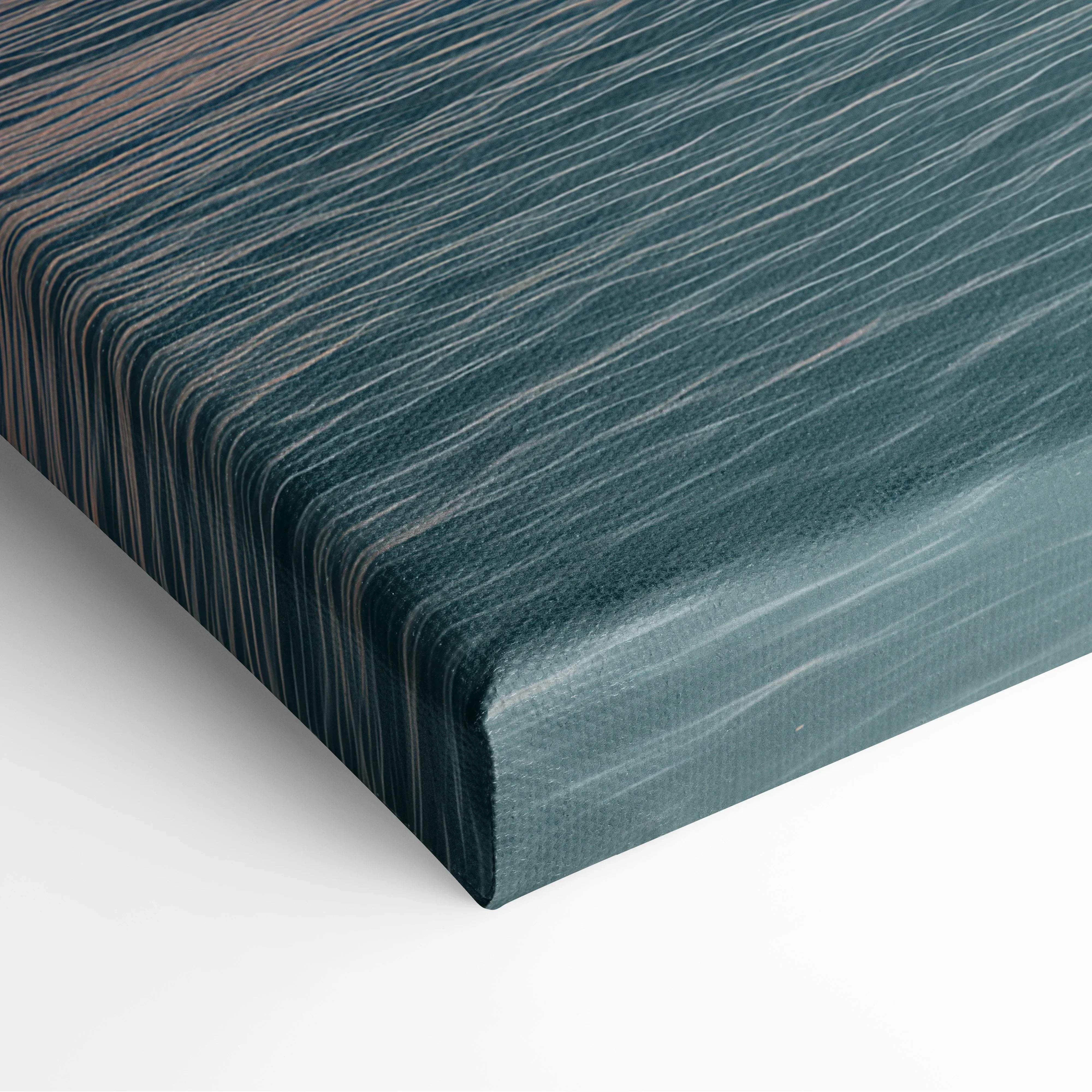Teal canvas wall art with subtle wood grain texture featuring a tropical beach scene and palm trees in turquoise sea
