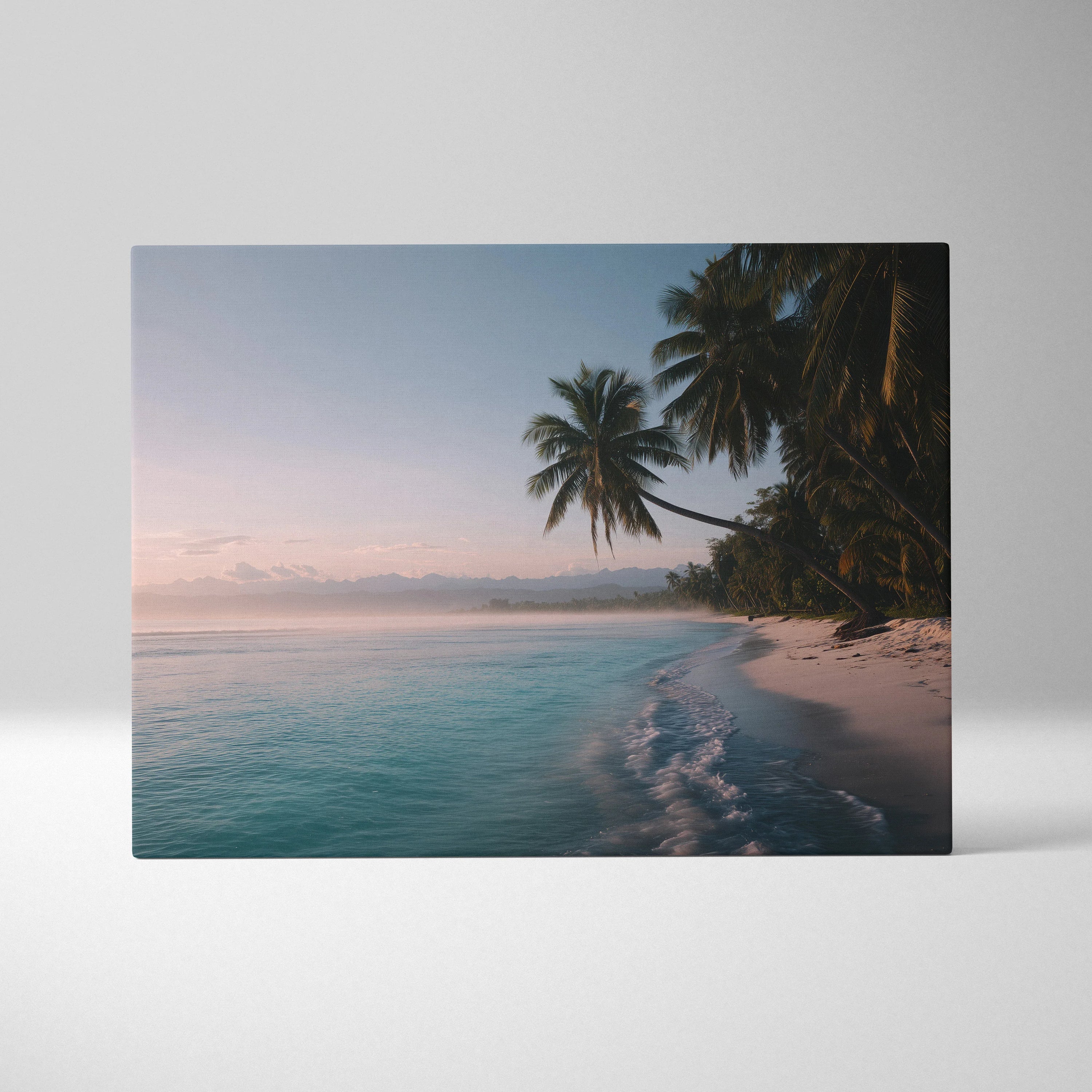 Canvas wall art featuring a tropical beach scene with palm trees and turquoise sea at sunset.