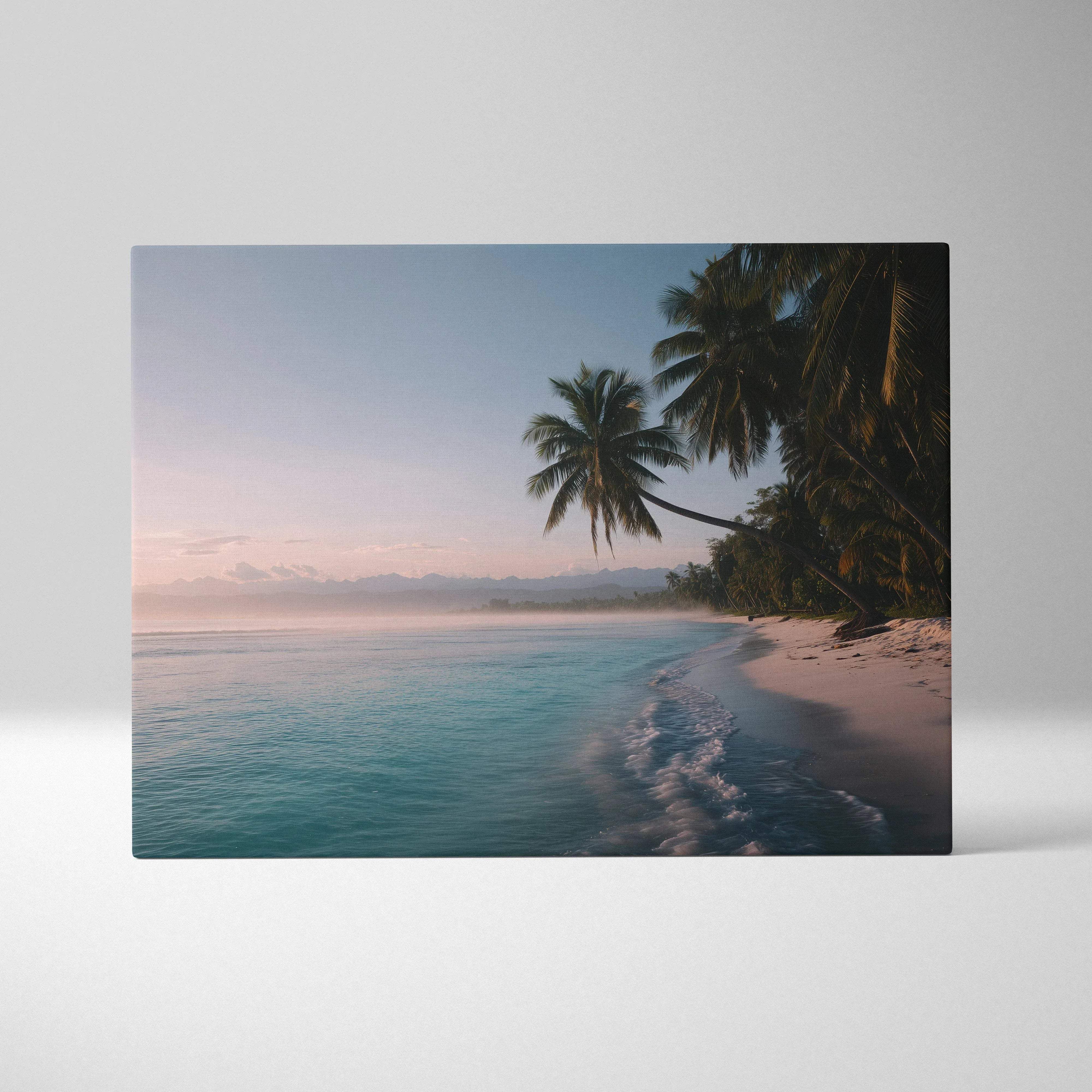 Tropical beach scene canvas wall art featuring turquoise waters pink and blue dawn sky with silhouetted palm trees