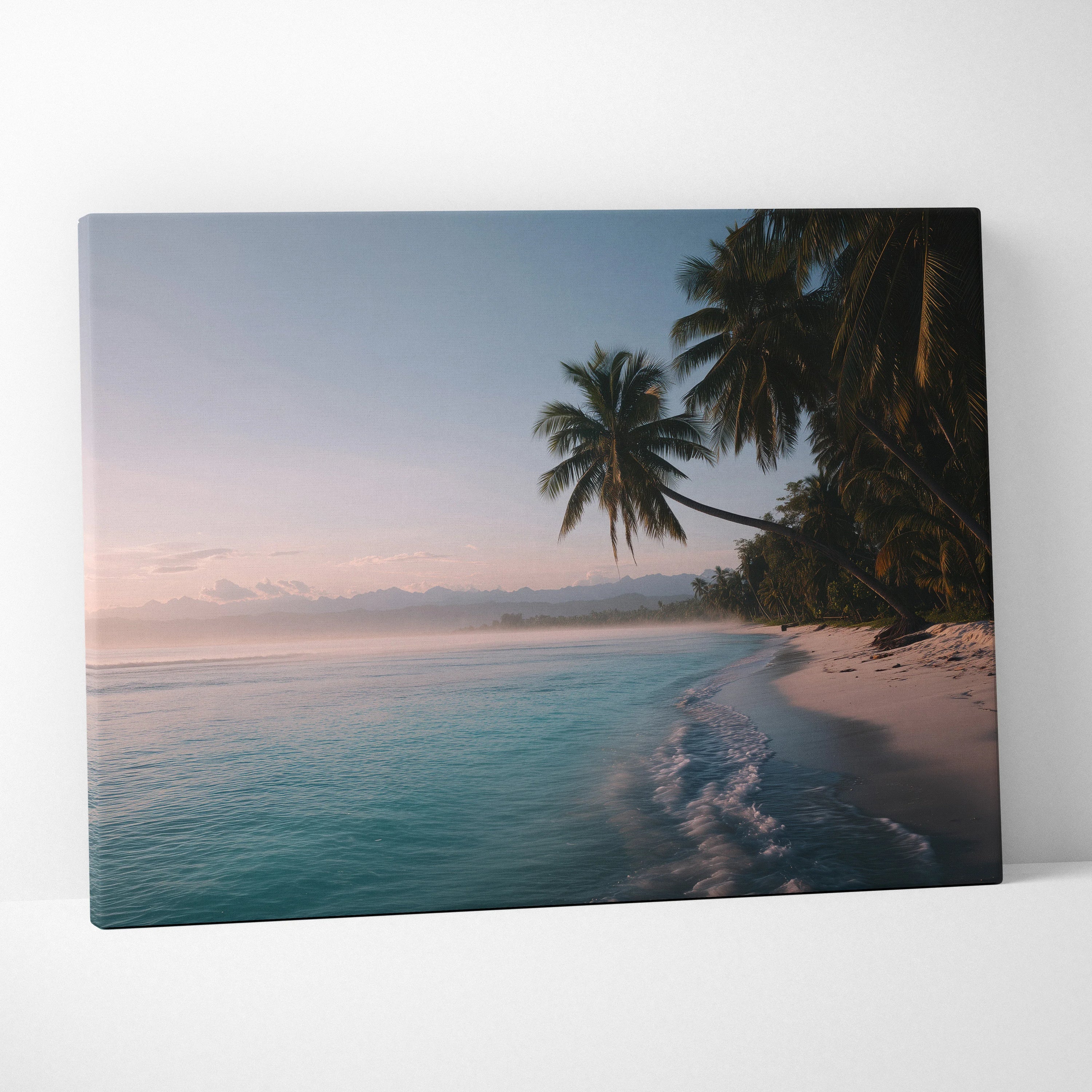 Canvas wall art featuring a tropical beach with turquoise sea, white sand, and palm trees at sunset.