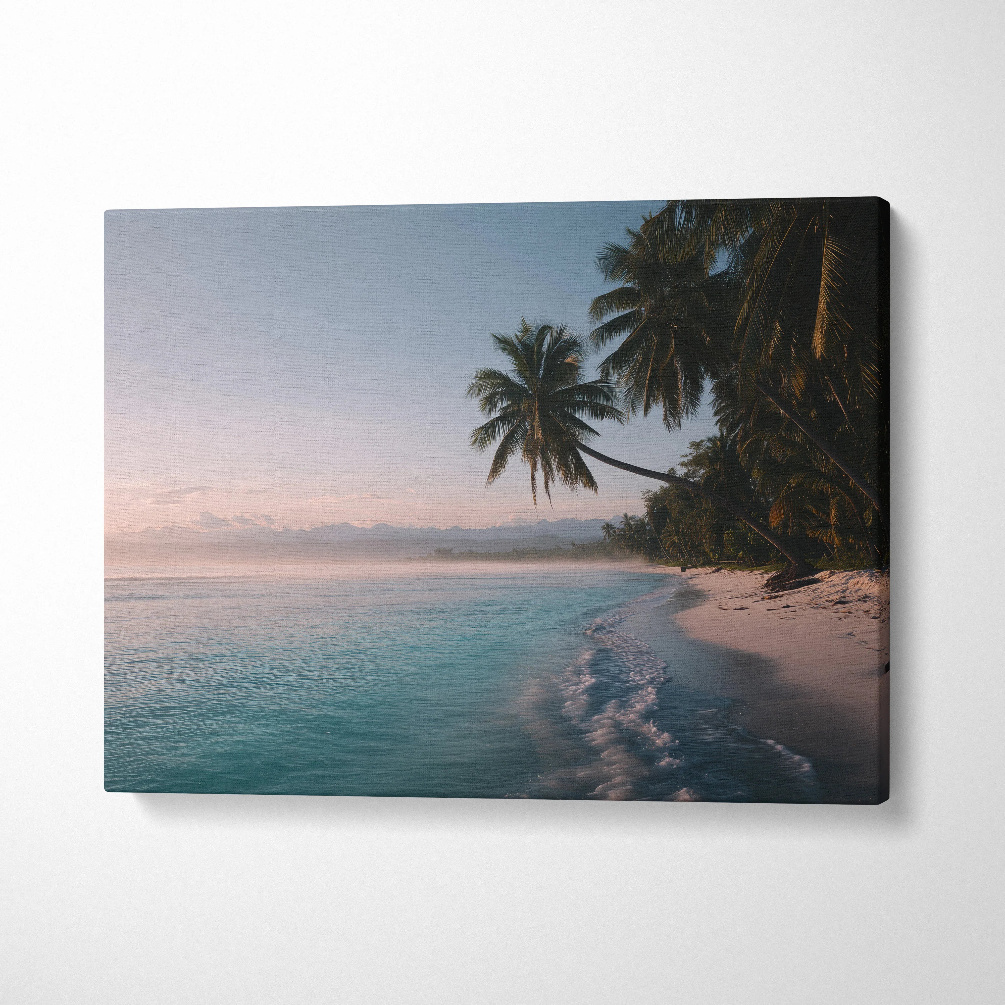 Tropical beach wall art canvas with palm trees and turquoise sea at sunset, coastal decor.