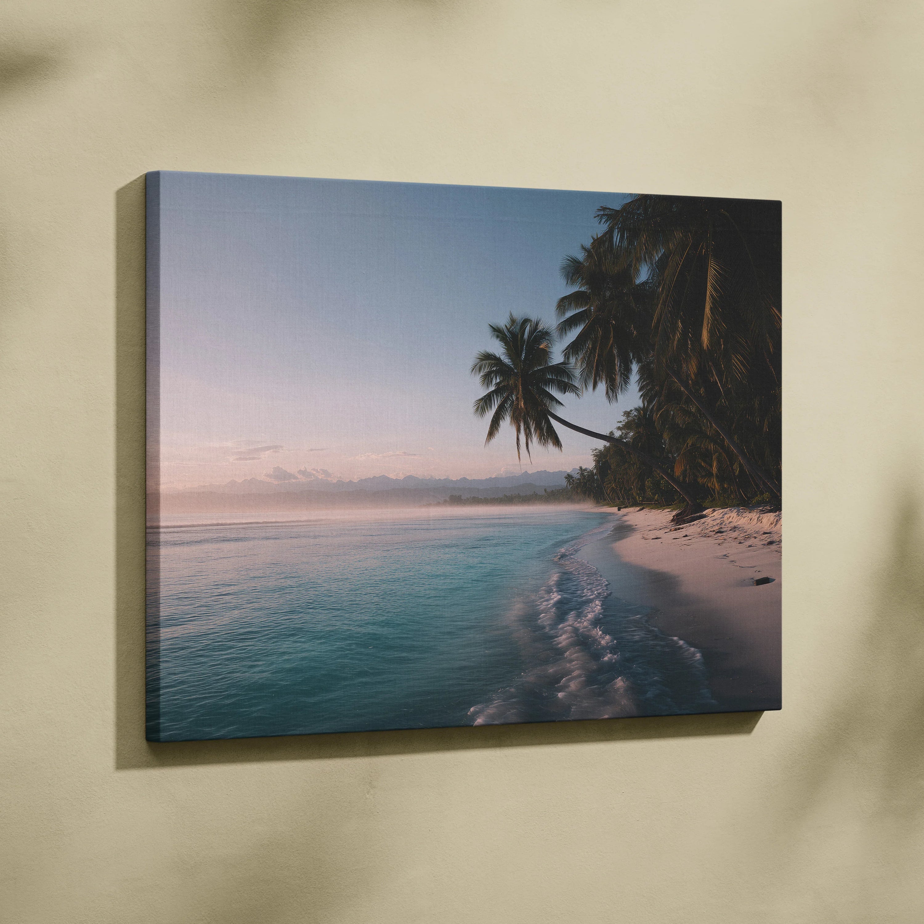 Tropical beach canvas wall art with palm trees and turquoise sea at sunset decor.
