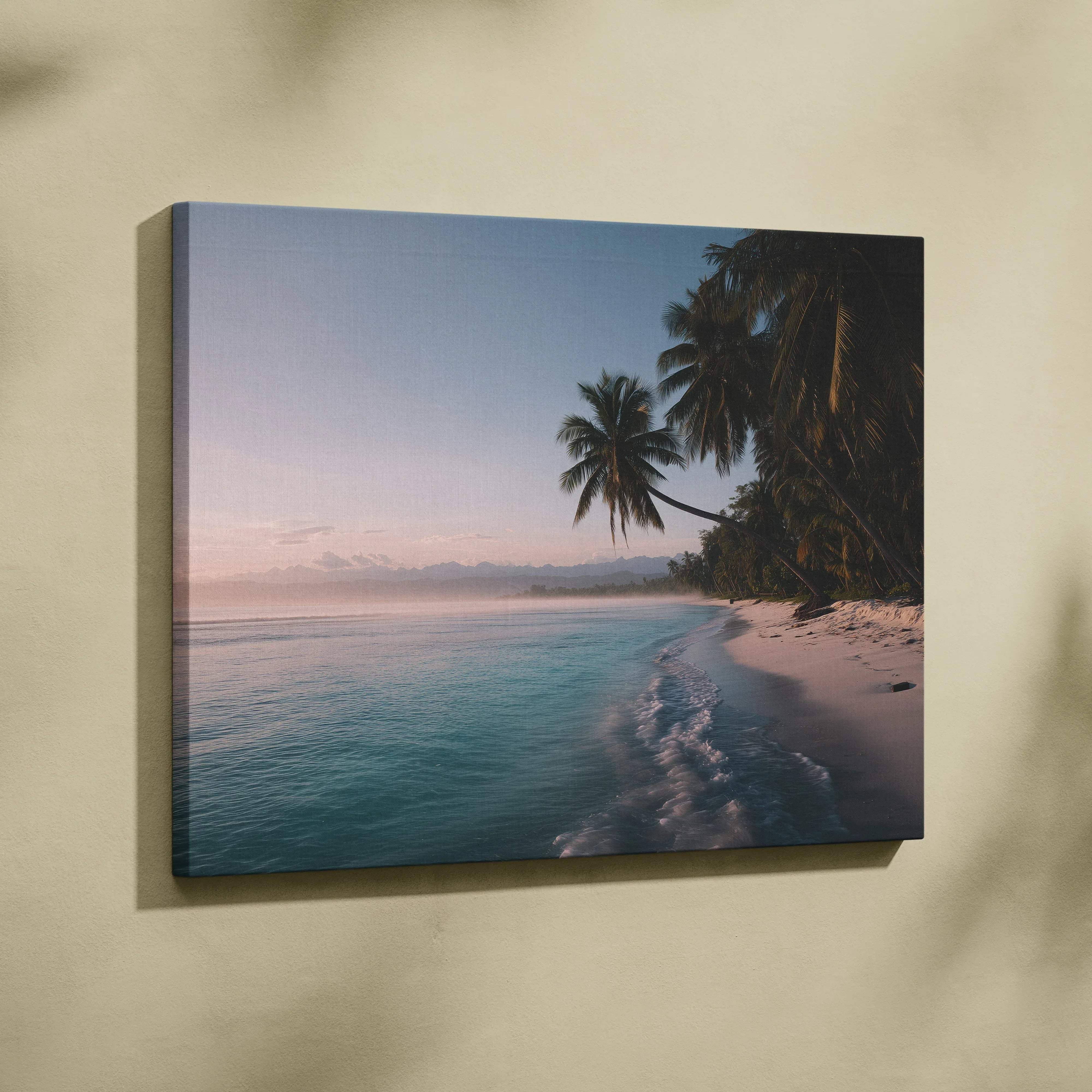 Rectangular canvas wall art featuring a serene tropical beach scene with turquoise water white sand and palm trees