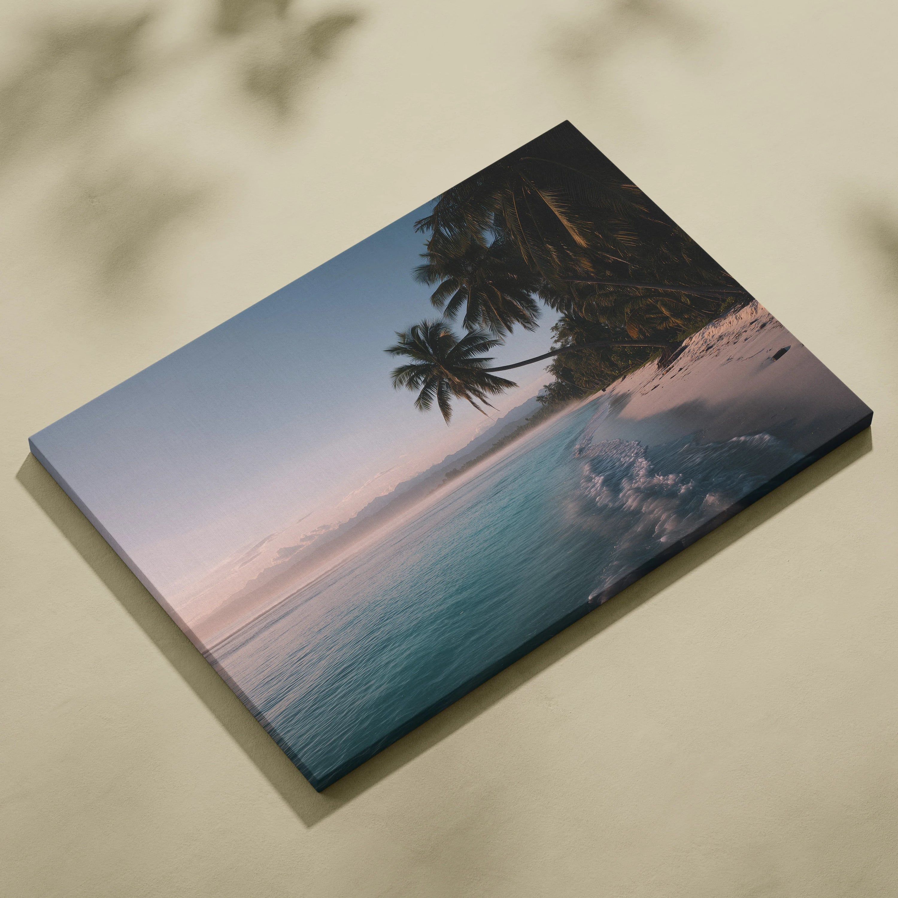 Canvas wall art featuring a tropical beach scene with palm trees and turquoise sea under a pastel sky.