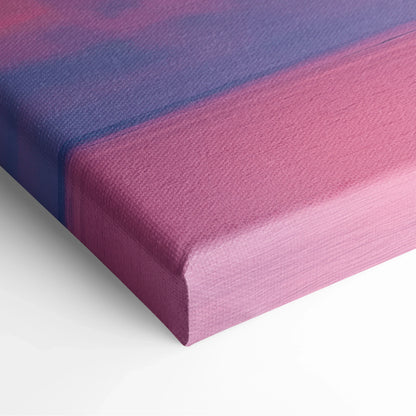 Canvas wall art featuring a tropical ocean scene with vibrant pink and purple clouds at sunset.