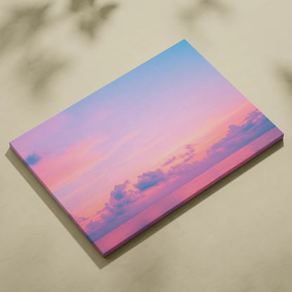 Canvas wall art featuring a tropical ocean scene with pink and purple clouds at sunset.