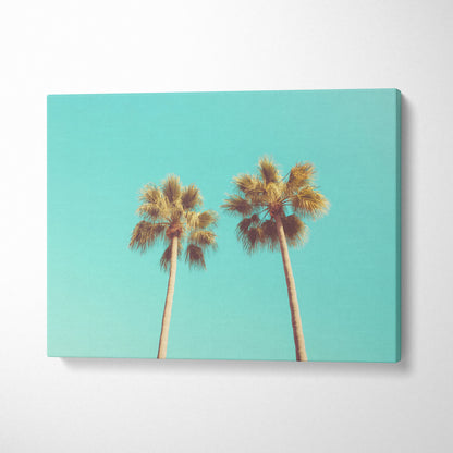 Tropical palm trees canvas wall art with turquoise sky background, modern decor piece.