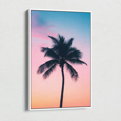 Canvas wall art featuring a tropical palm tree silhouette against a pink and blue sunset sky.