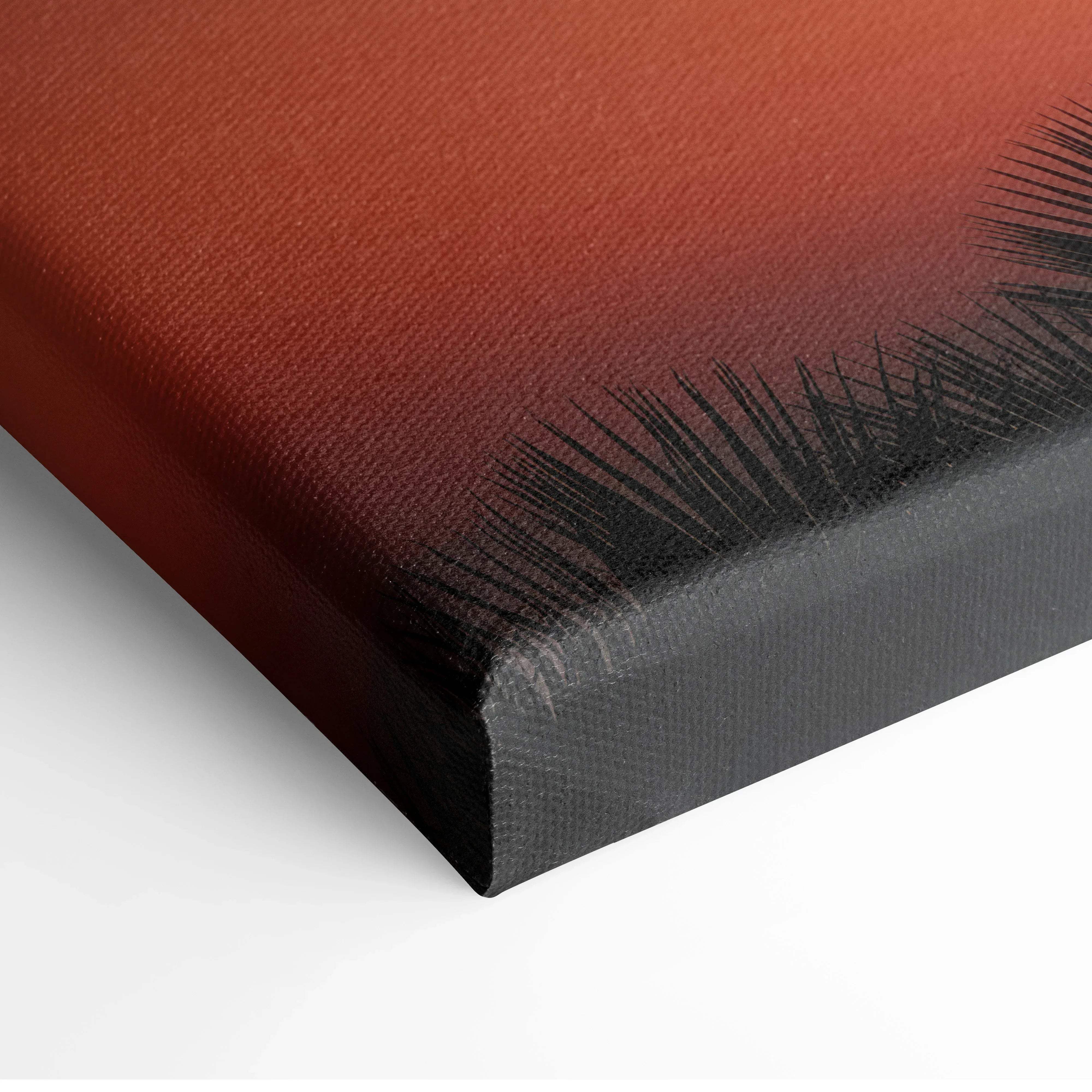Palm tree silhouette at sunset canvas wall art with warm red to black gradient and textured brushstroke edges for tropical decor
