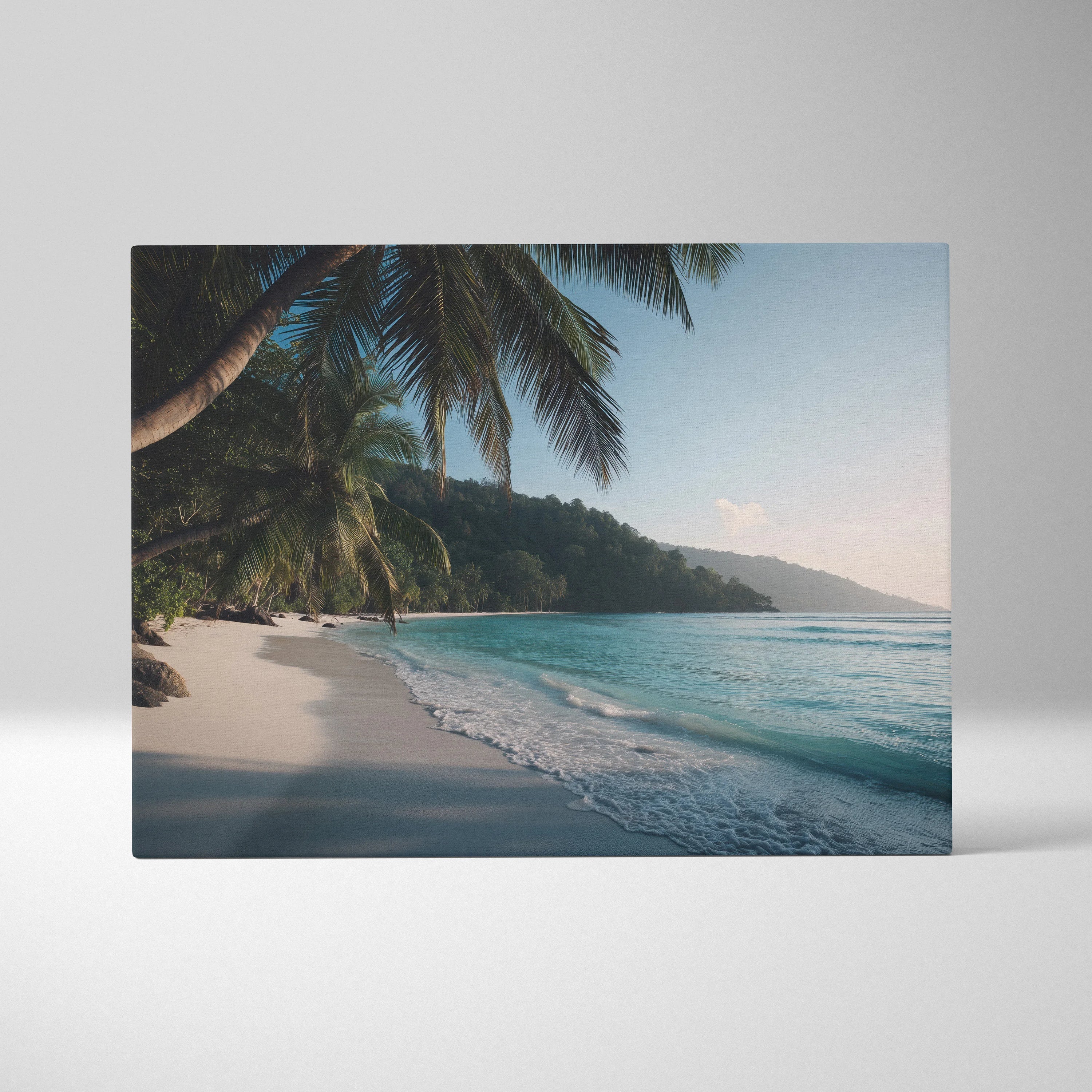 Canvas wall art depicting a serene tropical beach with palm trees, white sand, and calm blue ocean waves under a clear sky.