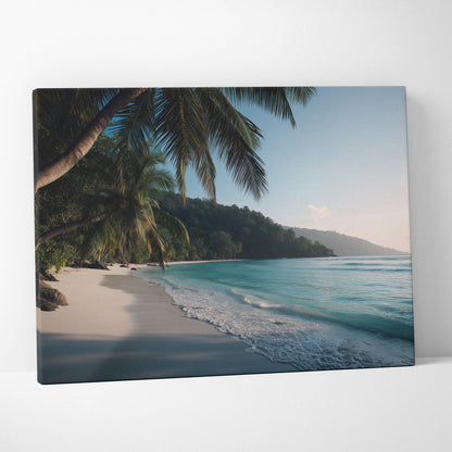 Canvas wall art featuring a tropical beach scene with palm trees, white sand, and gentle ocean waves under a clear sky.