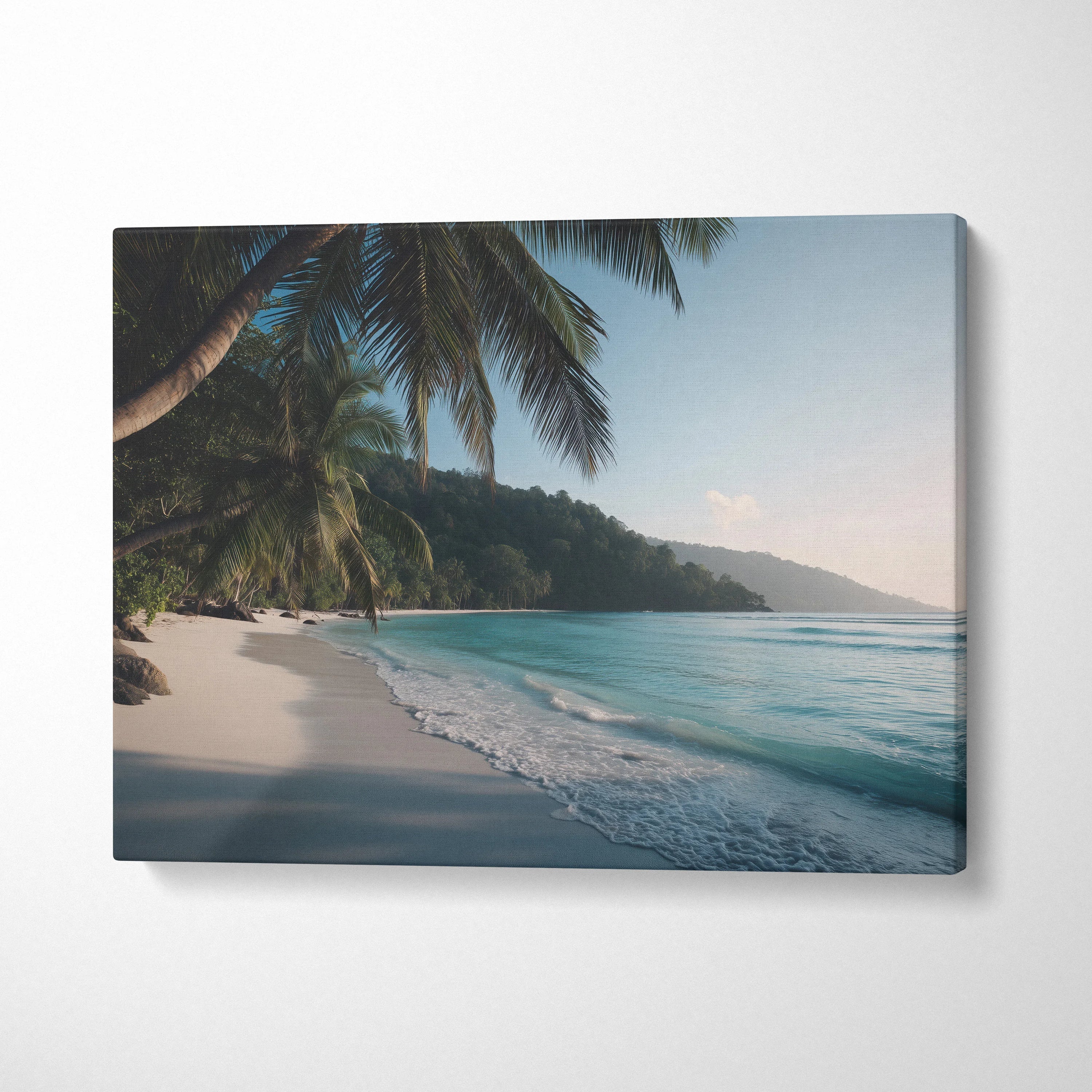 Tropical beach canvas wall art featuring palm trees over white sand and calm ocean waves for decor.