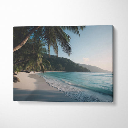 Tropical beach canvas wall art featuring palm trees over white sand and calm ocean waves for decor.