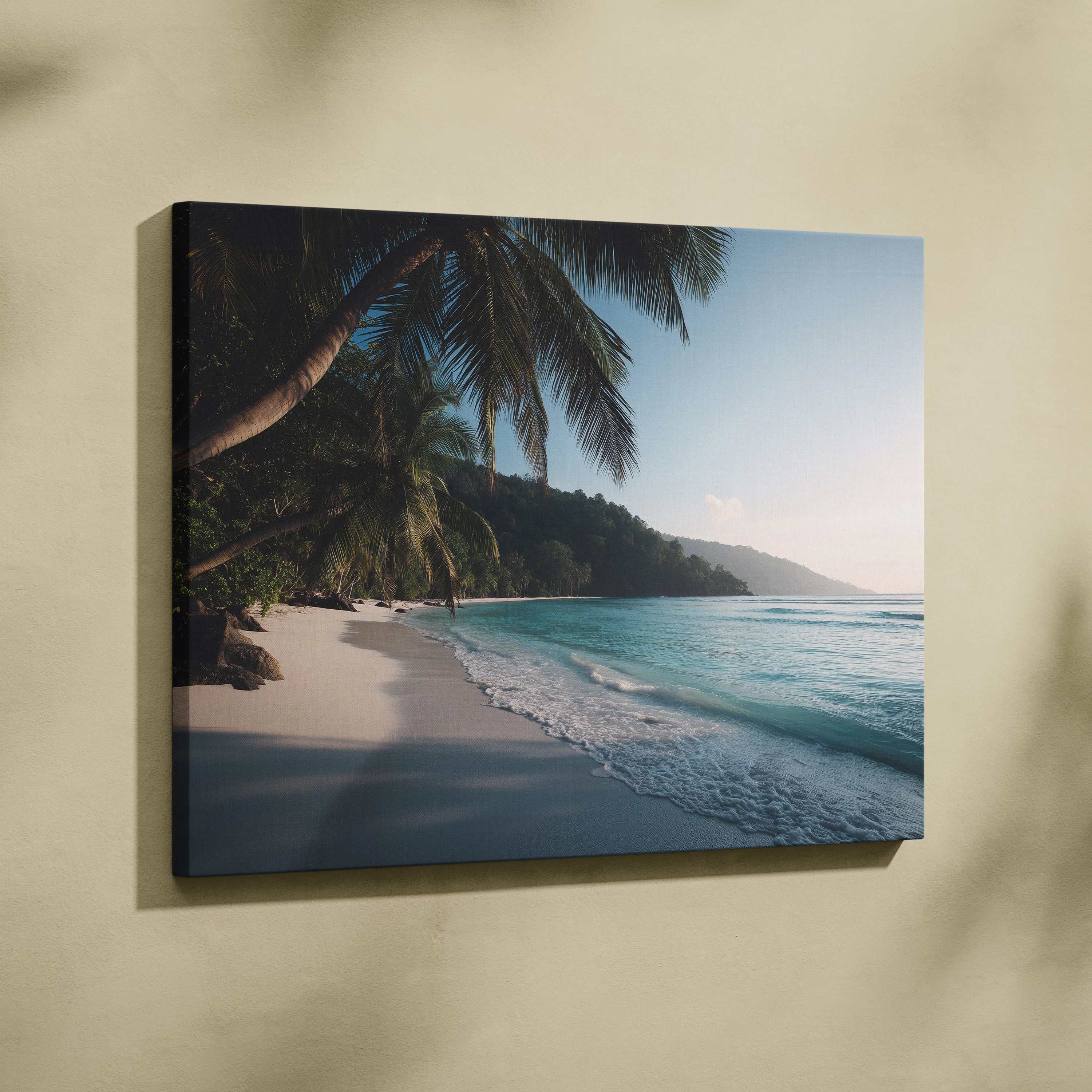 Tropical beach wall art canvas with palm trees, white sand, and blue ocean decor.