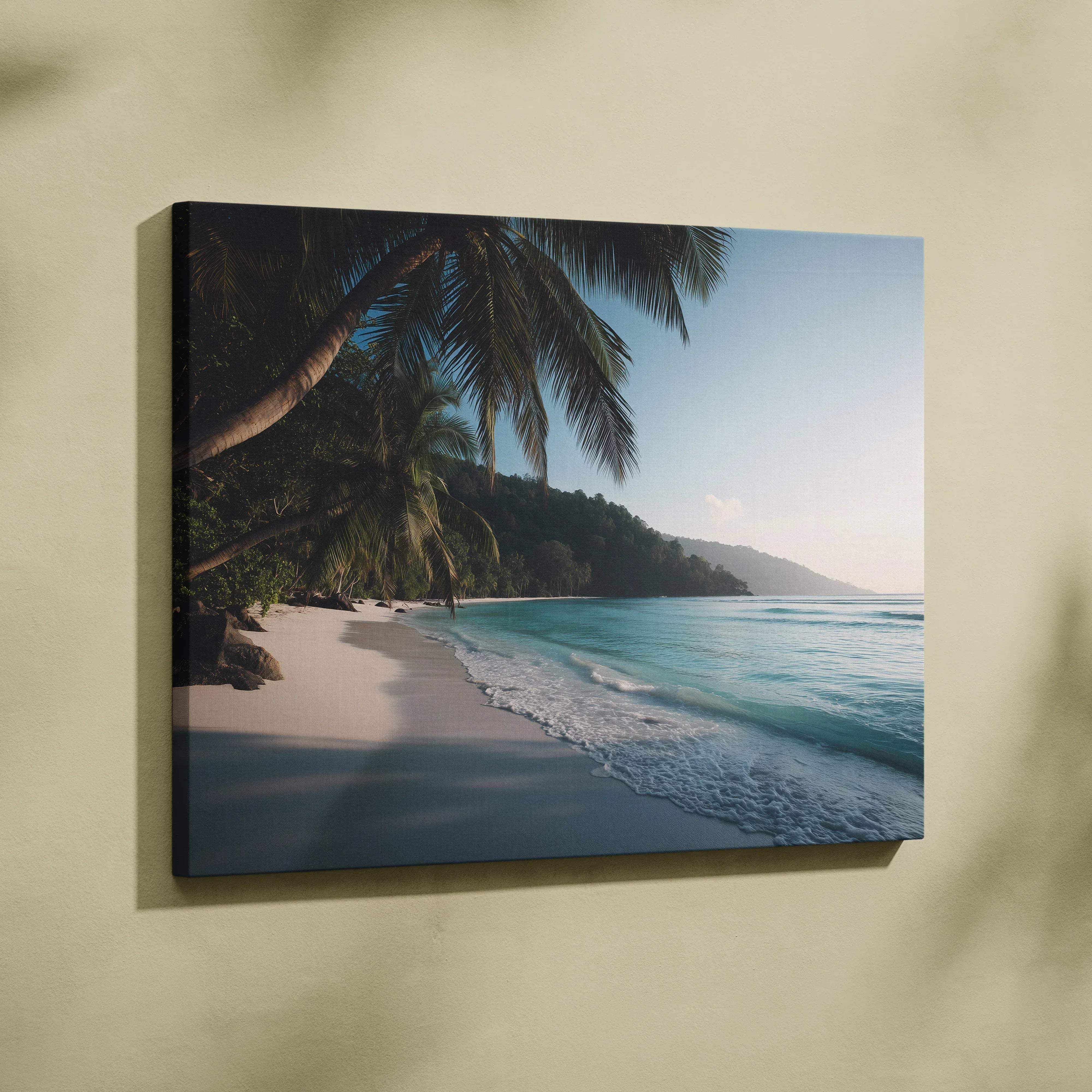 Beige wall-mounted canvas print featuring a tropical beach scene with turquoise water white sand and palm trees