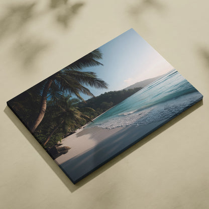 Canvas wall art featuring a tropical beach scene with palm trees, white sand, and blue ocean waves.